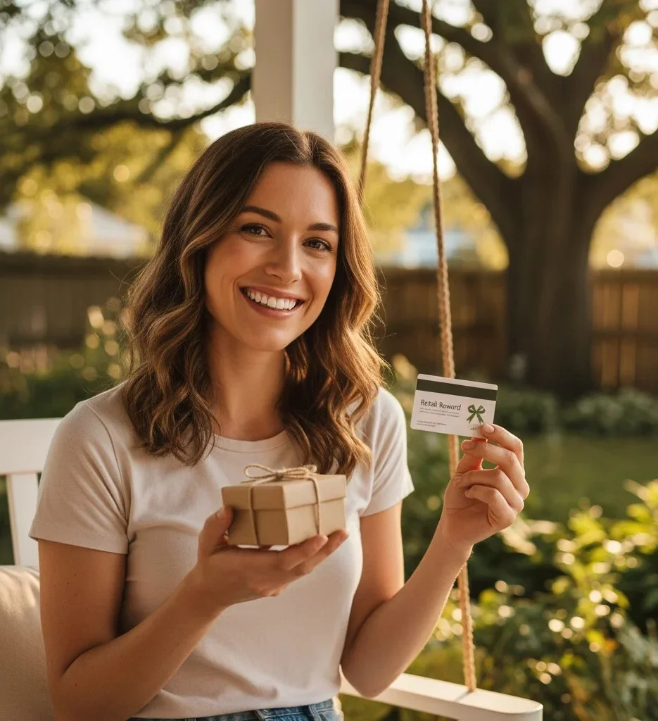 Happy customer holding gift card and reward — Big Fish Rewards Program by Little Lake Lending USA